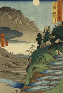 Mt. Kyodai en de maan weerspiegeld in de rijstvelden bij Sarashina in de provincie Shinano, nr. 25